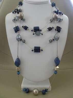 Pair Blue & Silver Beads Floating Illusion Necklaces Crystals Foil Silver Tone